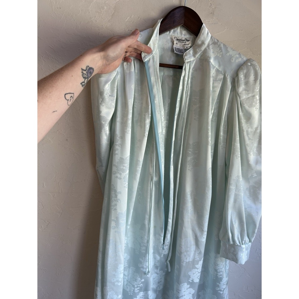 Vintage Christian Dior Nightgown Gown Robe M Floral Satin Jacquard Blue Romantic - Picture 6 of 7